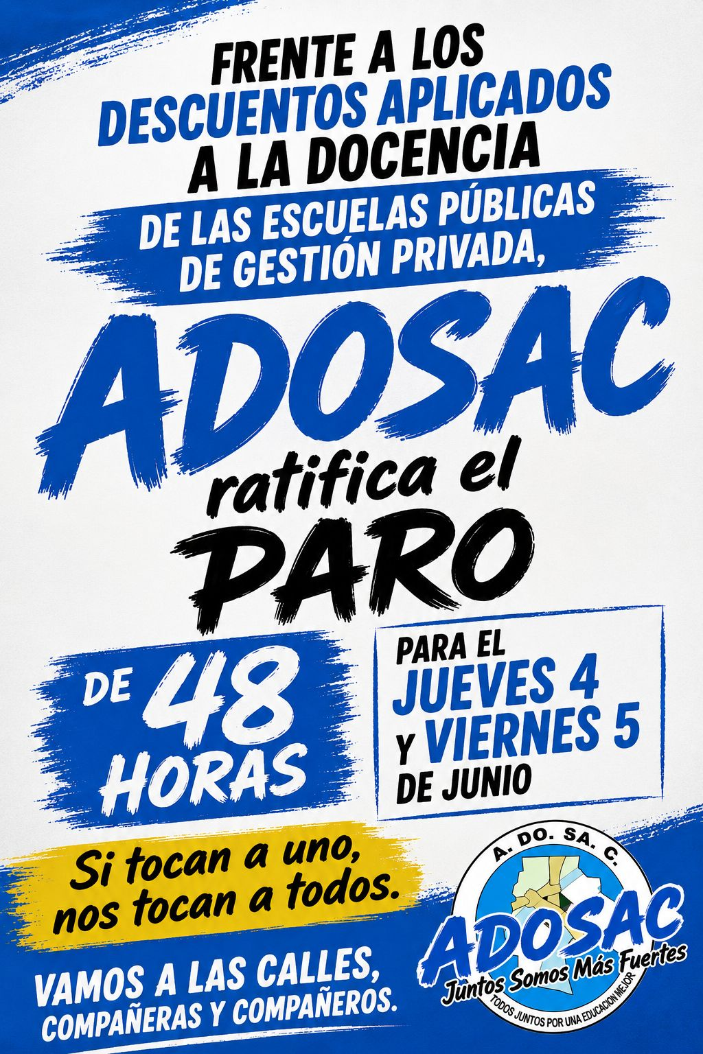 Medida de fuerza ADOSAC ratificó un paro docente de 48 horas por descuentos salariales en Santa Cruz