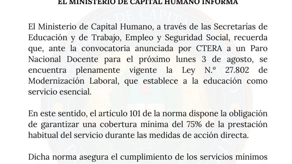 Para nacional docente Capital Humano advierte que los gremios docentes deben garantizar el 75% de asistencia el lunes